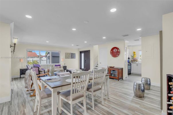 Dining room, Interior, Living room, Recessed Lighting, Wood Texture Flooring