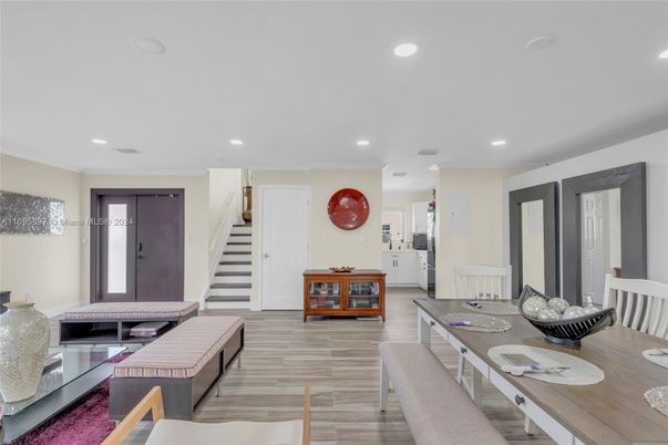 Dining room, Interior, Recessed Lighting, Wood Texture Flooring