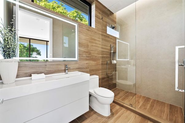 Bathroom, Glass Shower, Interior, Wood Texture Flooring, Wooden Walls