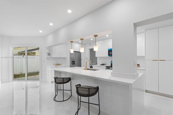Interior, Kitchen, Marble, Pendant Lights, Recessed Lighting, Stainless Steel Appliances