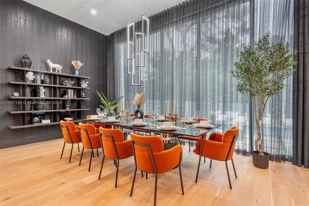 Dining room, Interior, Pendant Lights, Recessed Lighting, Wood Texture Flooring