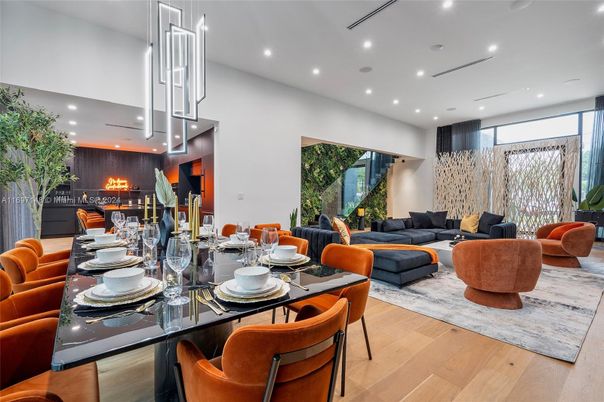 Dining room, Interior, Living room, Pendant Lights, Recessed Lighting, Wood Texture Flooring
