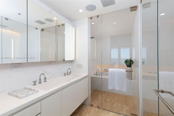 Bathroom, Glass Shower, Interior, Marble Walls, Recessed Lighting, Wood Texture Flooring