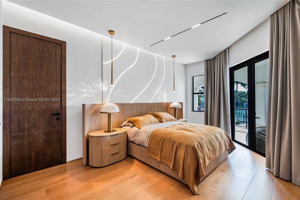 Bedroom, Interior, Pendant Lights, Wood Texture Flooring