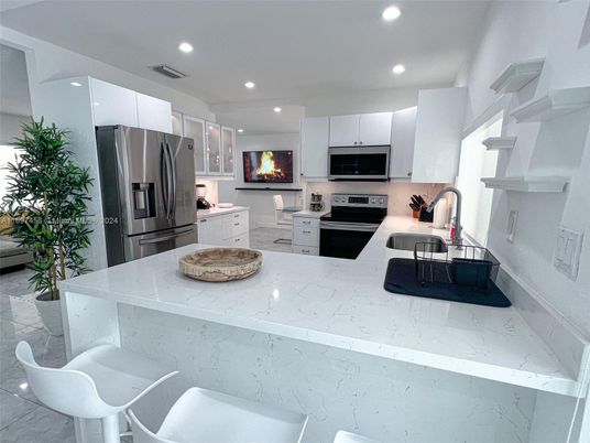 Interior, Kitchen, Living room, Marble, Recessed Lighting, Stainless Steel Appliances