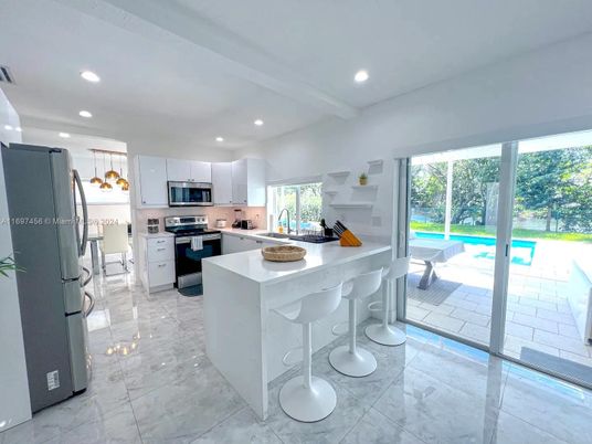 Interior, Kitchen, Marble, Recessed Lighting, Stainless Steel Appliances