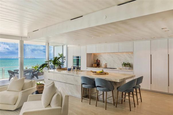 Interior, Kitchen, Living room, Marble Walls, Recessed Lighting, Water, Wood Texture Flooring