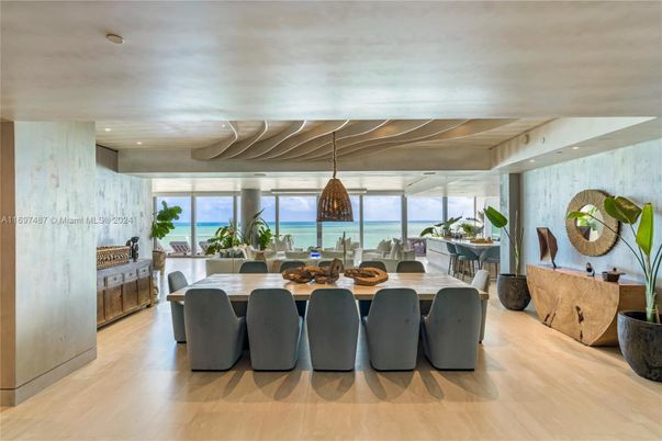 Dining room, Interior, Pendant Lights, Recessed Lighting, Water, Wood Texture Flooring