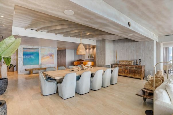 Dining room, Interior, Pendant Lights, Recessed Lighting, Wood Texture Flooring