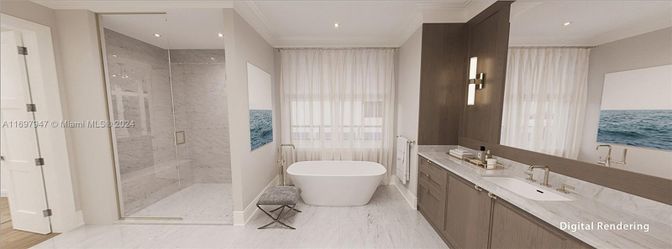 Bathroom, Dual Sink Vanities, Free Standing Baths, Glass Shower, Interior, Marble, Marble Walls, Recessed Lighting
