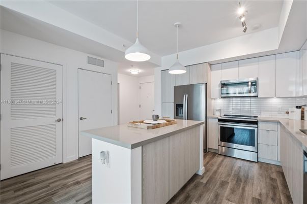 Interior, Kitchen, Pendant Lights, Stainless Steel Appliances, Wood Texture Flooring