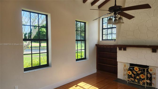 Empty room, Fireplace, Interior, Stone Walls, Wooden Beams, Wood Texture Flooring