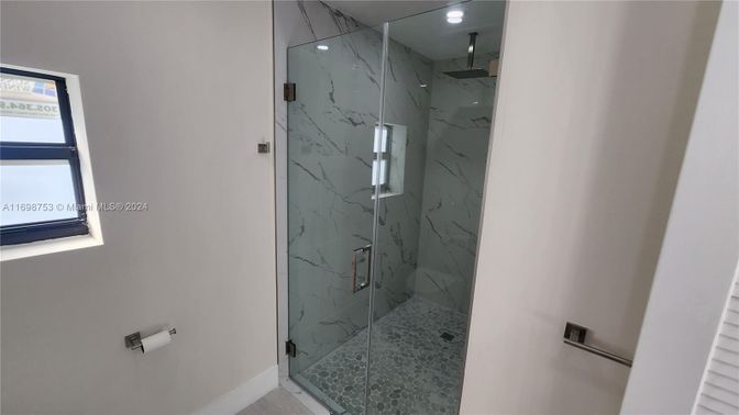 Bathroom, Glass Shower, Interior, Marble Walls, Recessed Lighting