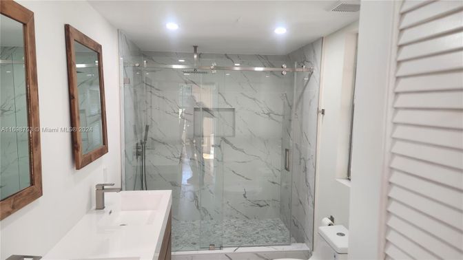 Bathroom, Glass Shower, Interior, Marble Walls, Recessed Lighting