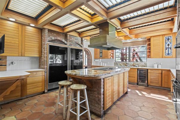 Interior, Kitchen, Recessed Lighting, Stainless Steel Appliances, Stone Walls