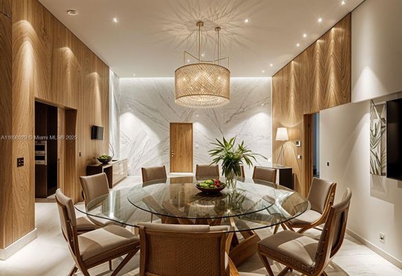 Chandelier, Dining room, Interior, Marble Walls, Recessed Lighting