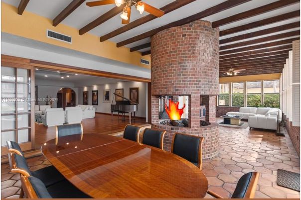 Dining room, Fireplace, Interior, Living room, Piano, Recessed Lighting, Stone Walls, Wooden Beams