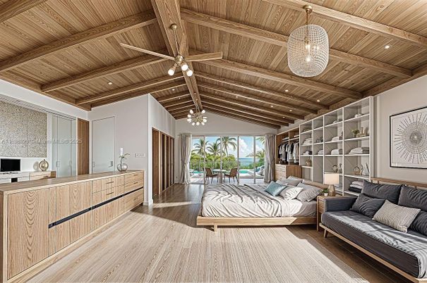 Bedroom, Chandelier, Interior, Recessed Lighting, Wooden Beams, Wooden Ceilings, Wood Texture Flooring