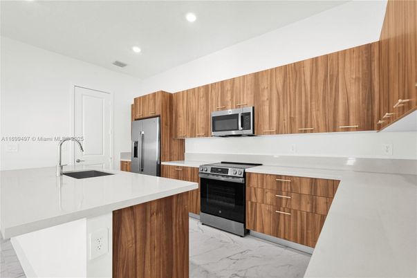 Interior, Kitchen, Marble, Recessed Lighting, Stainless Steel Appliances