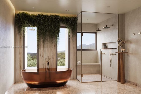 Bathroom, Free Standing Baths, Glass Shower, Interior, Recessed Lighting