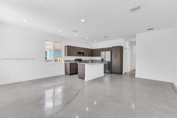 Empty room, Interior, Kitchen, Recessed Lighting, Stainless Steel Appliances