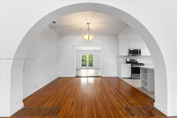 Interior, Kitchen, Pendant Lights, Stainless Steel Appliances, Wood Texture Flooring