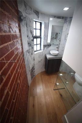 Bathroom, Interior, Marble Walls, Recessed Lighting, Wood Texture Flooring