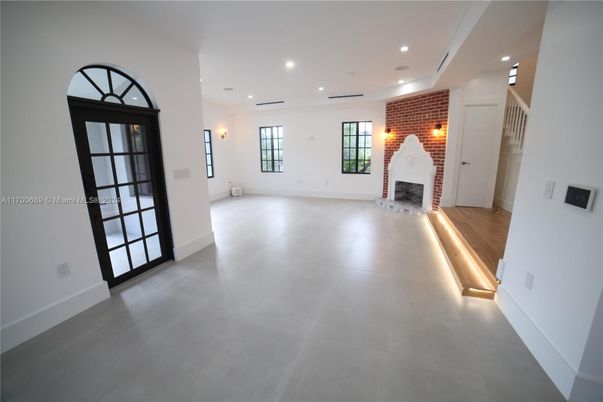 Empty room, Fireplace, Interior, Recessed Lighting, Stone Walls