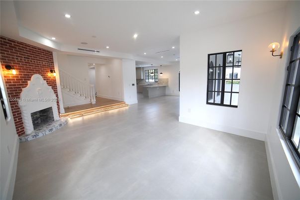 Empty room, Fireplace, Interior, Recessed Lighting, Stone Walls