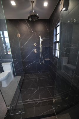 Bathroom, Glass Shower, Interior, Marble Walls, Recessed Lighting