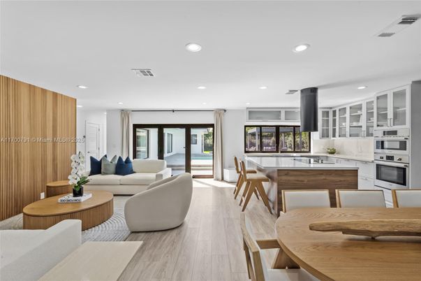 Dining room, Interior, Kitchen, Living room, Recessed Lighting, Stainless Steel Appliances, Wood Texture Flooring