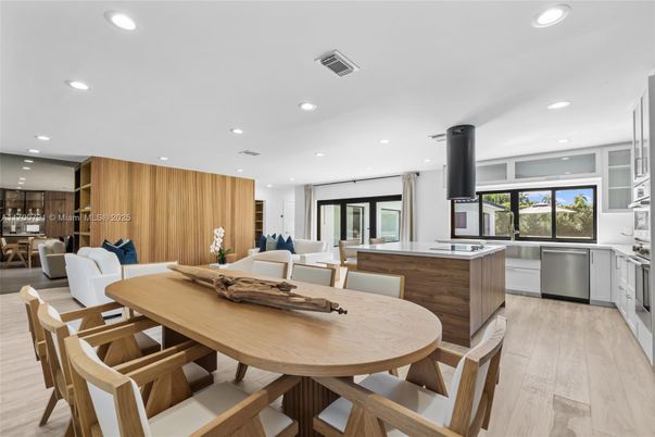 Dining room, Interior, Kitchen, Living room, Recessed Lighting, Stainless Steel Appliances, Wood Texture Flooring