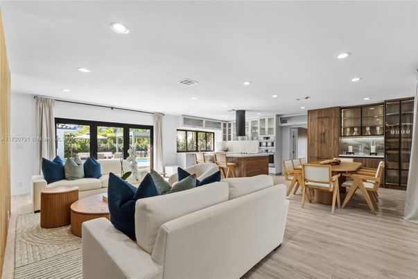 Dining room, Interior, Kitchen, Living room, Recessed Lighting, Wood Texture Flooring