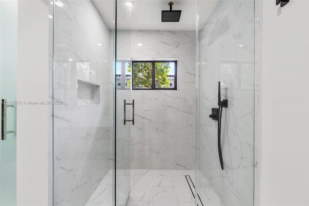 Bathroom, Glass Shower, Interior, Marble, Marble Walls, Recessed Lighting