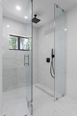 Bathroom, Glass Shower, Interior, Marble, Marble Walls, Recessed Lighting