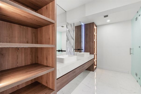 Bathroom, Dual Sink Vanities, Interior, Marble, Recessed Lighting, Sauna Room