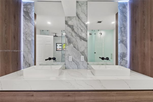 Bathroom, Glass Shower, Interior, Marble Walls, Recessed Lighting