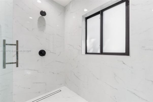 Bathroom, Glass Shower, Interior, Marble Walls, Recessed Lighting