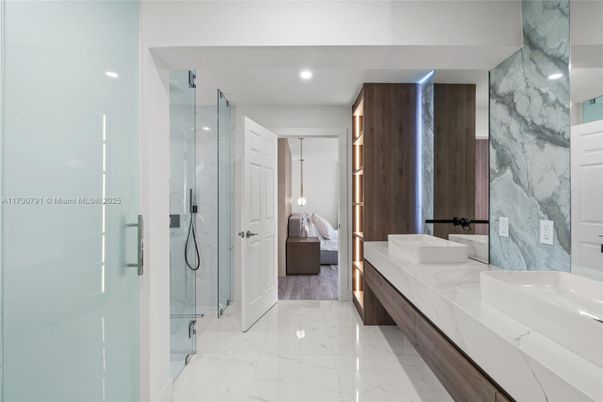 Bathroom, Bedroom, Dual Sink Vanities, Glass Shower, Interior, Marble, Marble Walls, Recessed Lighting