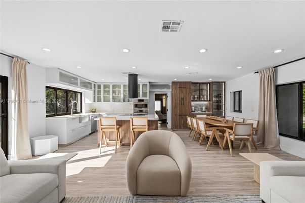Dining room, Interior, Kitchen, Recessed Lighting, Stainless Steel Appliances, Wood Texture Flooring
