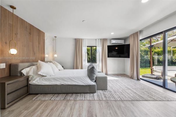 Bedroom, Interior, Pendant Lights, Recessed Lighting, Wood Texture Flooring