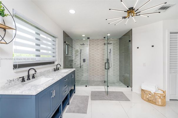 Bathroom, Dual Sink Vanities, Glass Shower, Interior, Recessed Lighting