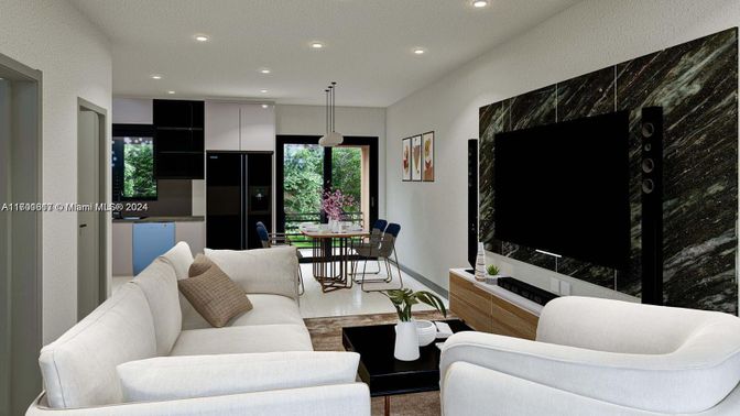 Dining room, Fireplace, Interior, Living room, Pendant Lights, Recessed Lighting, Wood Texture Flooring