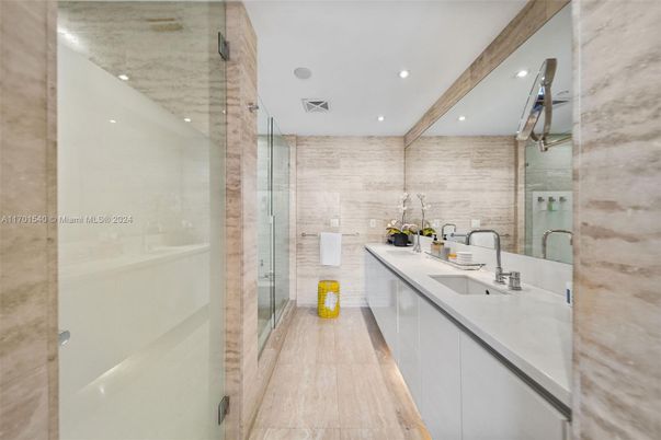 Bathroom, Glass Shower, Interior, Recessed Lighting, Wooden Beams, Wood Texture Flooring
