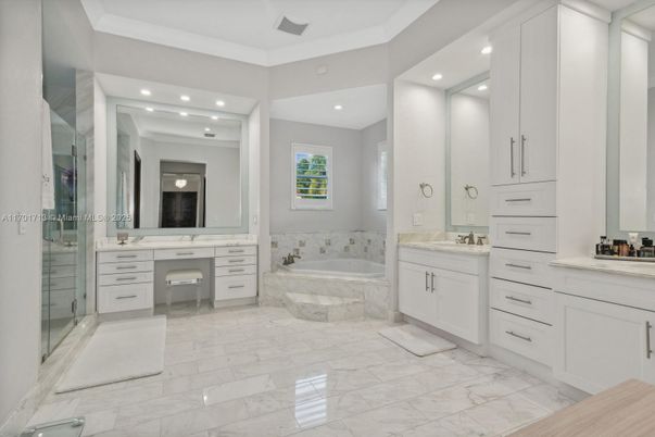 Bathroom, Dual Sink Vanities, Glass Shower, Interior, Marble, Recessed Lighting