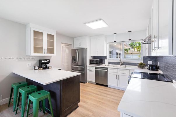 Interior, Kitchen, Pendant Lights, Stainless Steel Appliances, Wood Texture Flooring