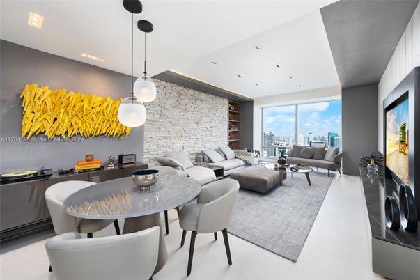 Dining room, Interior, Living room, Pendant Lights, Recessed Lighting, Stone Walls
