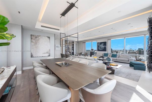 Dining room, Interior, Living room, Pendant Lights, Recessed Lighting, Wood Texture Flooring