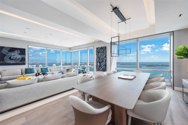 Dining room, Interior, Living room, Pendant Lights, Recessed Lighting, Water, Wood Texture Flooring