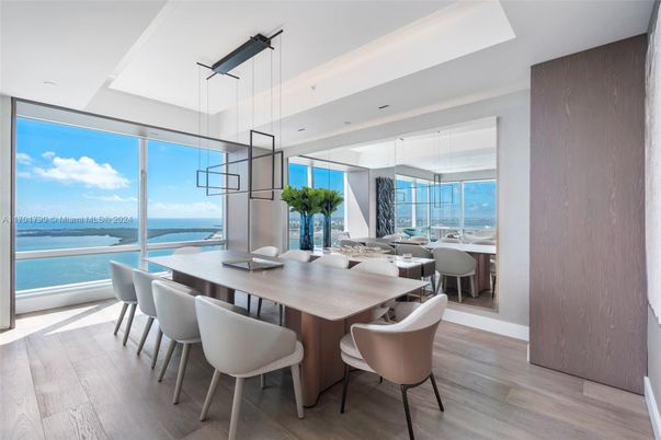 Dining room, Interior, Pendant Lights, Water, Wood Texture Flooring